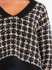 WOMEN'S LONG SLEEVE V-NECK MULTI TWEED PULLOVER SWEATER