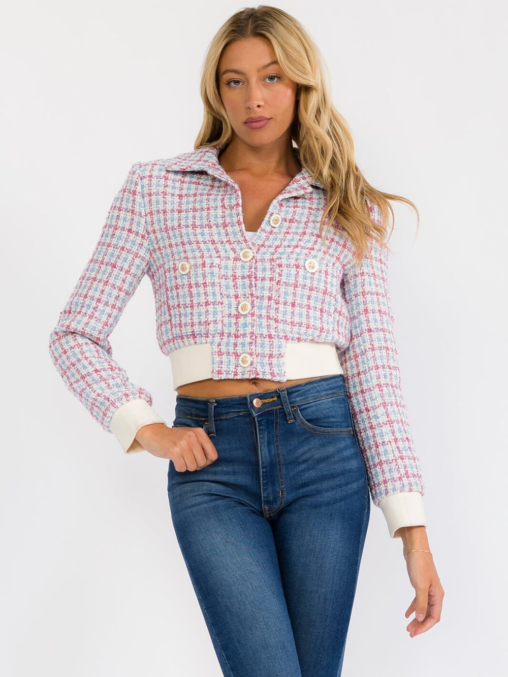 WOMEN'S LONG SLEEVE BUTTON UP FRONT POCKET MULTI TWEED JACKET