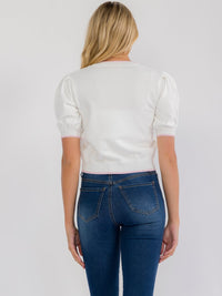 WOMEN'S SHORT PUFF SLEEVE LACE BOWS KNIT TOP
