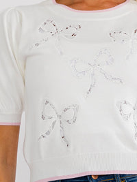 WOMEN'S SHORT PUFF SLEEVE LACE BOWS KNIT TOP