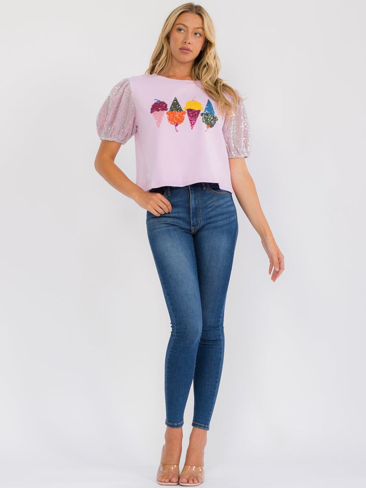 WOMEN'S SHORT PUFF SLEEVE SEQUINS ICE CREAM TOP