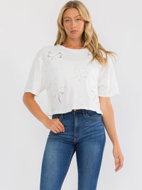 WOMEN'S SHORT SLEEVE LACE BOWS BASIC SHIRT