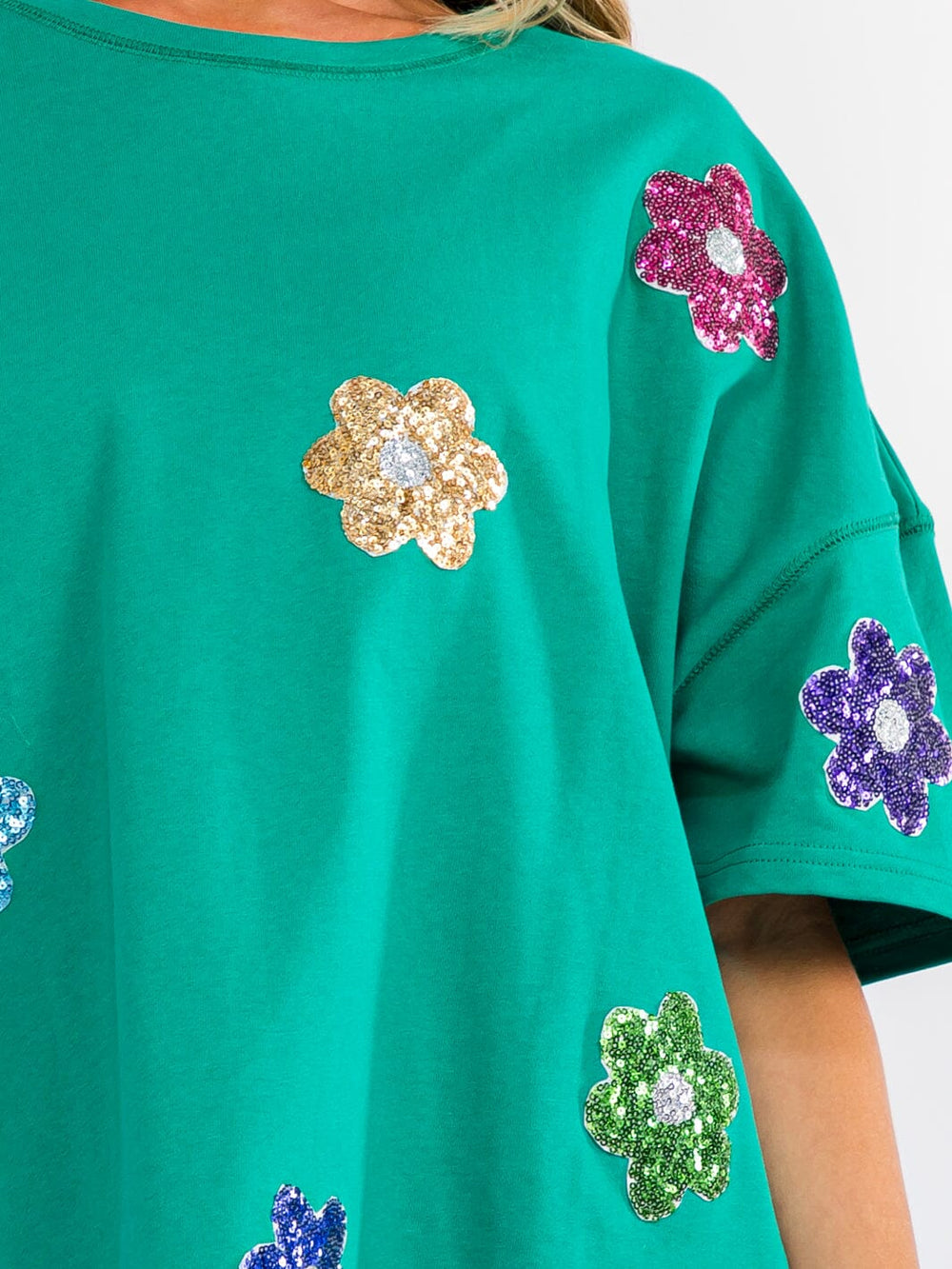 WOMEN'S SHORT SLEEVE FLORAL SEQUINS SHIRT