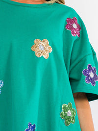 WOMEN'S SHORT SLEEVE FLORAL SEQUINS SHIRT