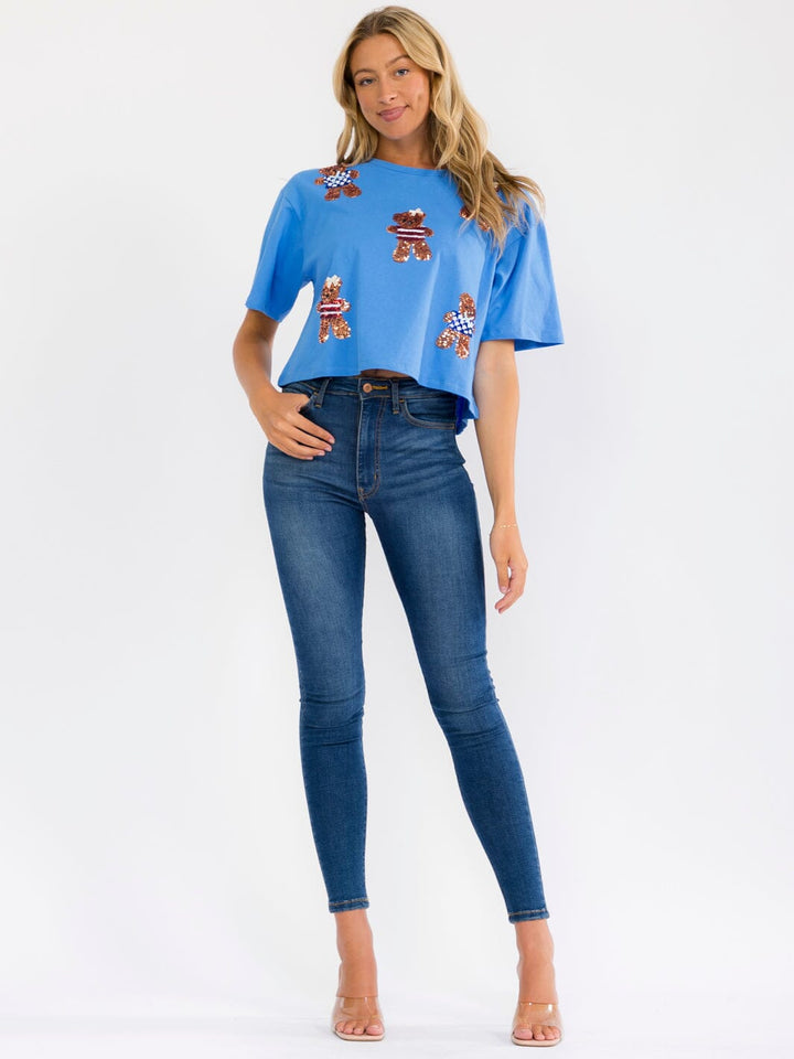 WOMEN'S SHORT SLEEVE SEQUINS GRAPHIC TOP
