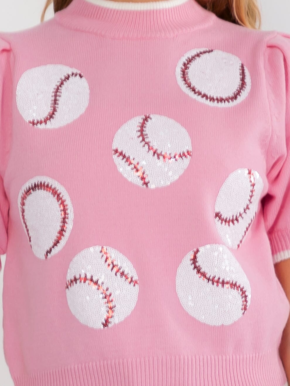 WOMEN'S SHORT PUFF SLEEVE MOCK NECK BASEBALL GRAPHIC TOP