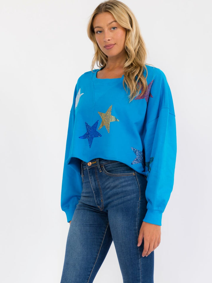 WOMEN'S LONG SLEEVE SEQUINS STARS PRINT PULLOVER SWEATER