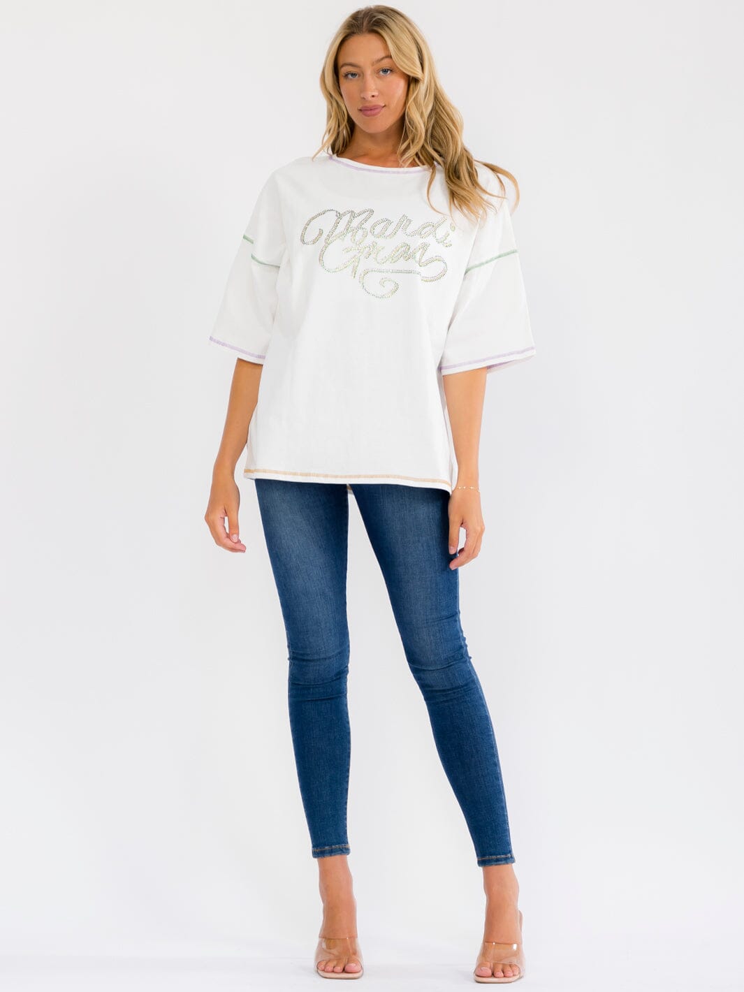 WOMEN'S SHORT SLEEVE MARDI GRAS OVERSIZED TOP