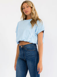 WOMEN'S SHORT SLEEVE BUBBLE HEM PEARL DETAILED TOP