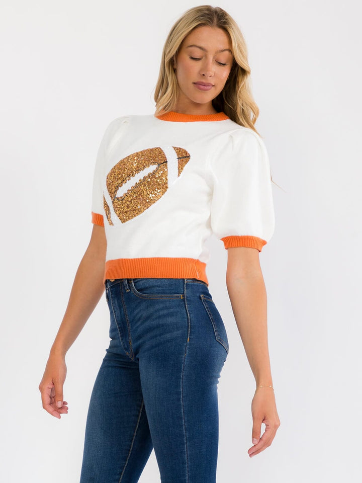 WOMEN'S SHORT SLEEVE COLORBLOCK GAME DAY SEQUINS GRAPHIC KNIT TOP