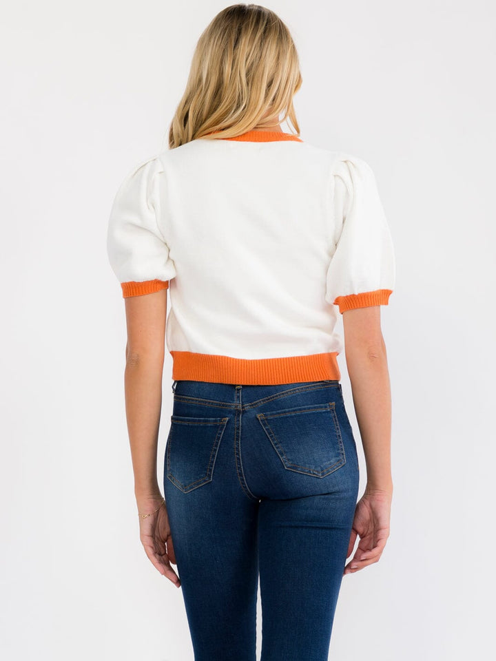 WOMEN'S SHORT SLEEVE COLORBLOCK GAME DAY SEQUINS GRAPHIC KNIT TOP