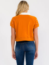 WOMEN'S SHORT SLEEVE V-NECK PEARL DETAILED TOP
