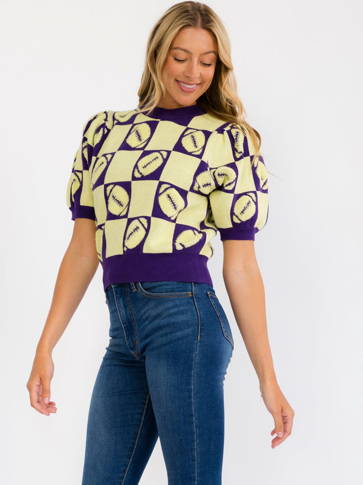 WOMEN'S SHORT SLEEVE COLORBLOCK GAME DAY GRAPHIC KNIT TOP