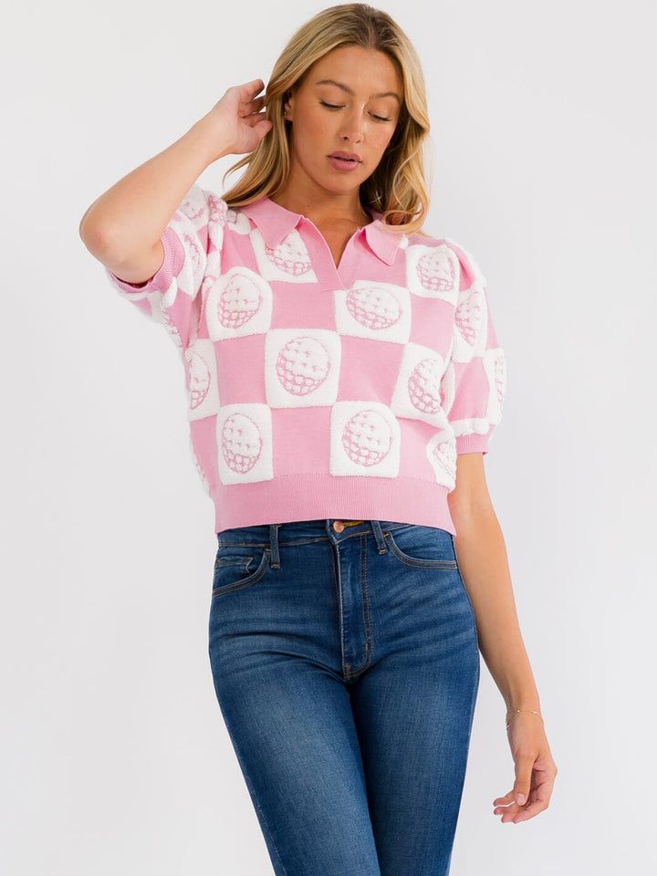 WOMEN'S SHORT SLEEVE V-NECK PRINT KNIT TOP