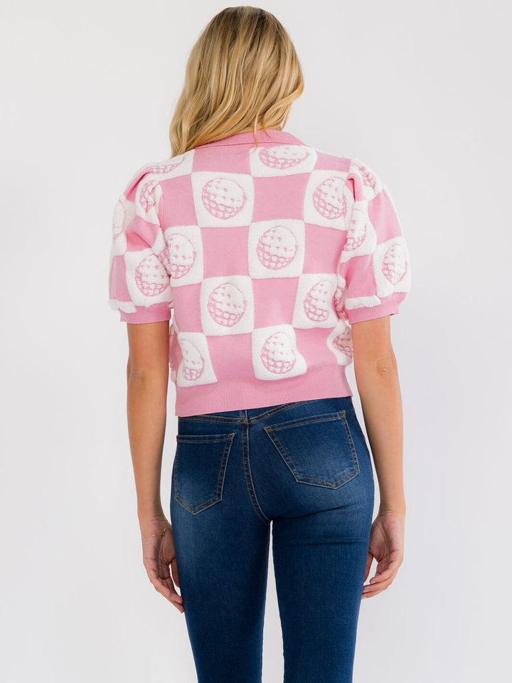 WOMEN'S SHORT SLEEVE V-NECK PRINT KNIT TOP