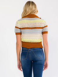 WOMEN'S SHORT SLEEVE BUTTON UP KNIT COLORBLOCK BLOUSE
