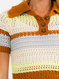 WOMEN'S SHORT SLEEVE BUTTON UP KNIT COLORBLOCK BLOUSE