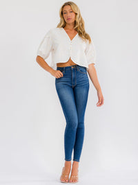 WOMEN'S SHORT SLEEVE BUTTON UP STITCHED DETAILED TOP
