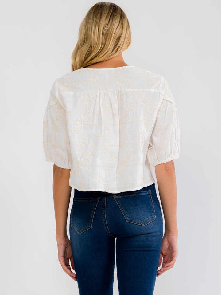 WOMEN'S SHORT SLEEVE BUTTON UP STITCHED DETAILED TOP