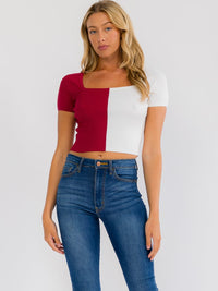 WOMEN'S SHORT SLEEVE SQUARE NECK COLORBLOCK RIBBED KNIT TOP