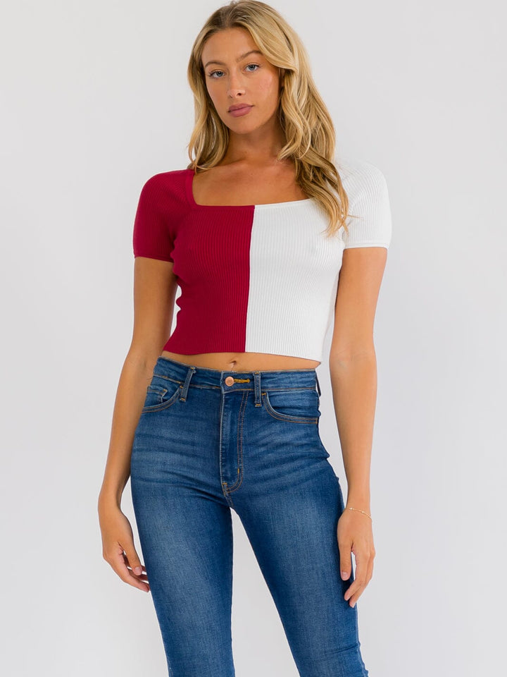 WOMEN'S SHORT SLEEVE SQUARE NECK COLORBLOCK RIBBED KNIT TOP