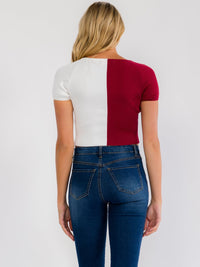 WOMEN'S SHORT SLEEVE SQUARE NECK COLORBLOCK RIBBED KNIT TOP