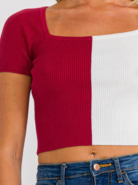 WOMEN'S SHORT SLEEVE SQUARE NECK COLORBLOCK RIBBED KNIT TOP