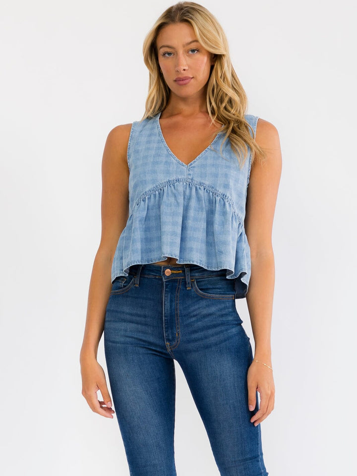 WOMEN'S SLEEVELESS V-NECK RUFFLE HEM DENIM TOP