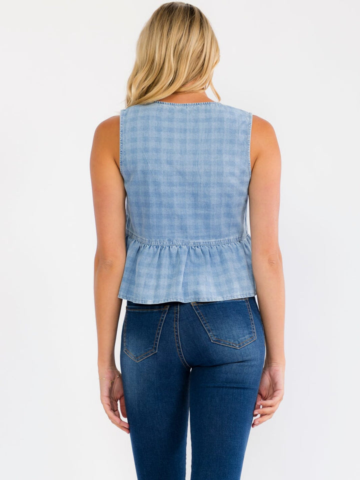 WOMEN'S SLEEVELESS V-NECK RUFFLE HEM DENIM TOP