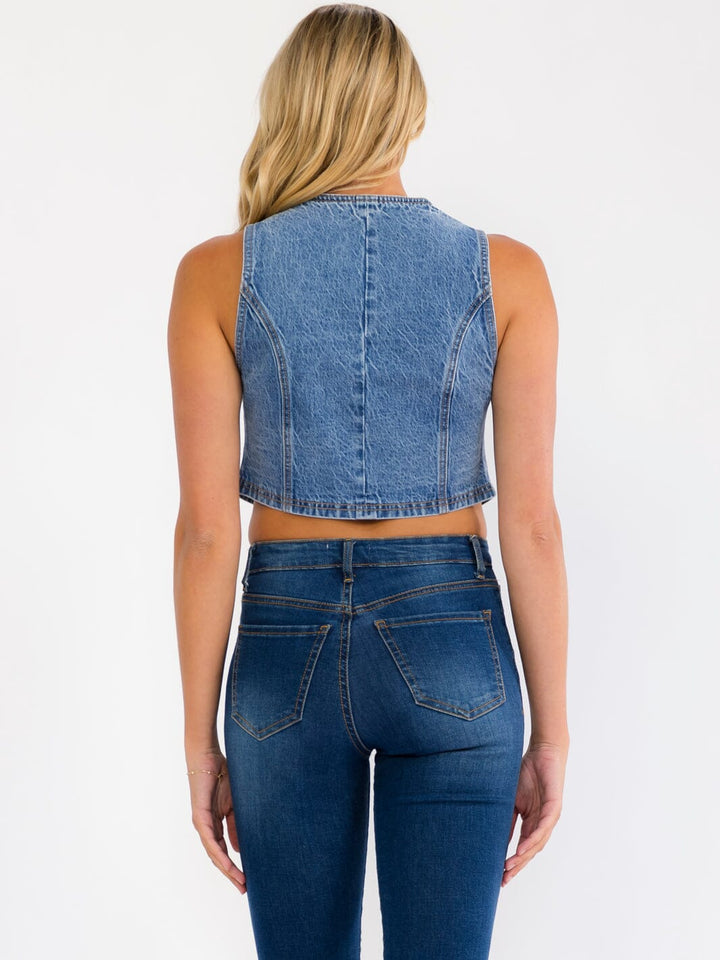 WOMEN'S SLEEVELESS FRONT TIE DENIM CROP TOP