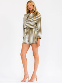 WOMEN'S LONG SLEEVE BUTTON UP KNIT STRIPES DRAWSTRING WAIST ROMPER