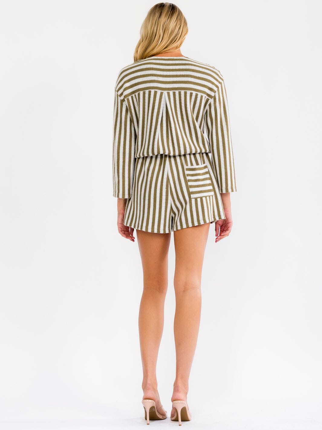 WOMEN'S LONG SLEEVE BUTTON UP KNIT STRIPES DRAWSTRING WAIST ROMPER