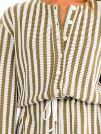 WOMEN'S LONG SLEEVE BUTTON UP KNIT STRIPES DRAWSTRING WAIST ROMPER