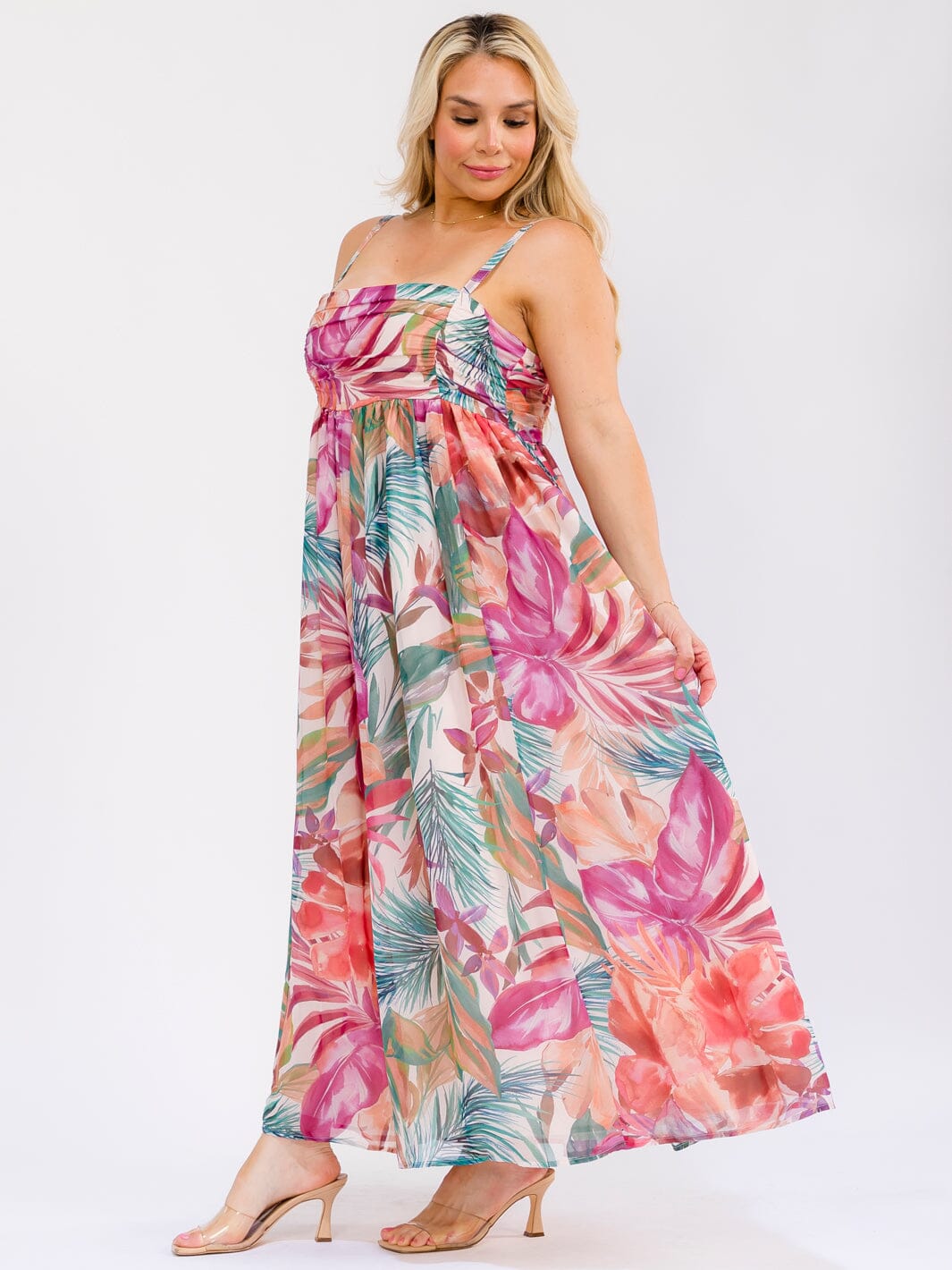 PLUS SIZE SLEEVELESS SMOCK FLORAL PRINT MAXI DRESS