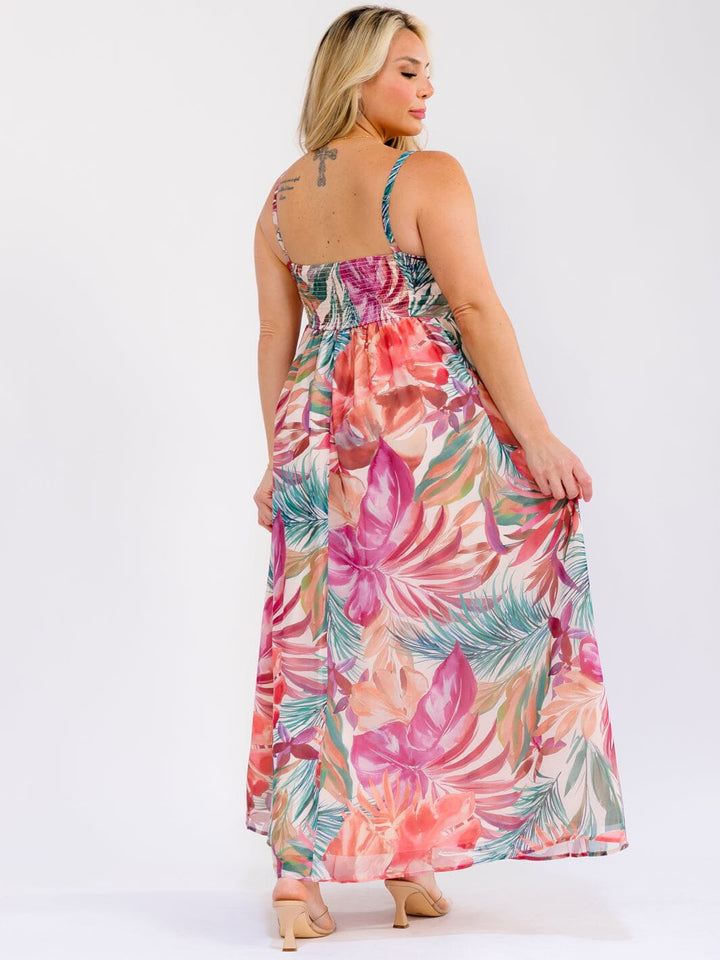 PLUS SIZE SLEEVELESS SMOCK FLORAL PRINT MAXI DRESS