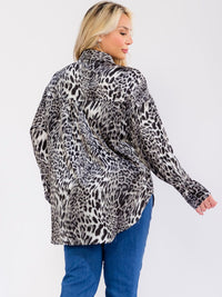 PLUS SIZE LONG SLEEVE BUTTON UP HIGH-LOW ANIMAL PRINT SHIRT