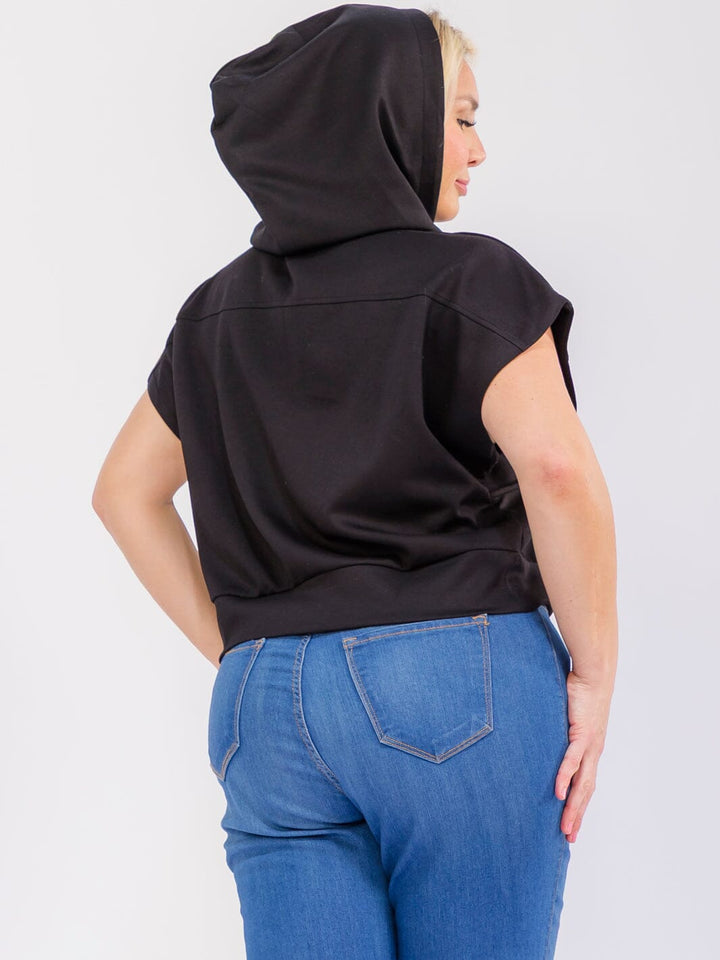 PLUS SIZE SHORT SLEEVE ZIP UP FRONT POCKETS HOODED TOP