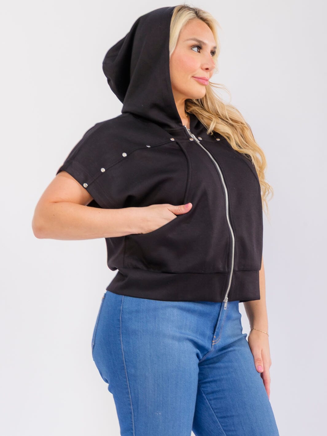 PLUS SIZE SHORT SLEEVE ZIP UP FRONT POCKETS HOODED TOP