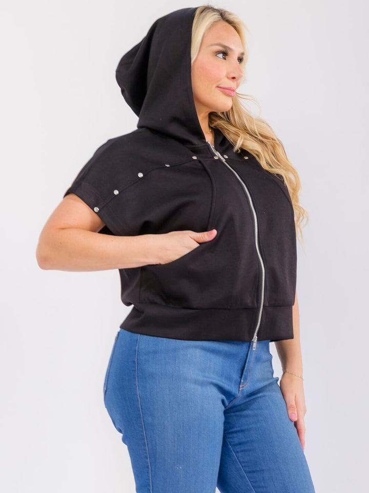 PLUS SIZE SHORT SLEEVE ZIP UP FRONT POCKETS HOODED TOP