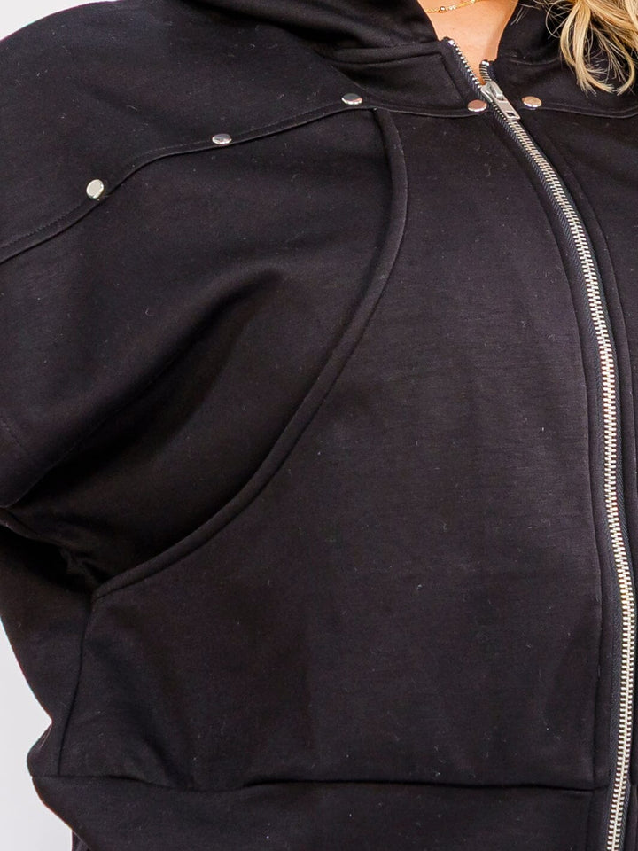 PLUS SIZE SHORT SLEEVE ZIP UP FRONT POCKETS HOODED TOP