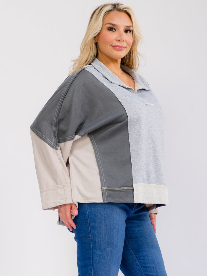 PLUS SIZE LONG SLEEVE V-NECK LOOSE FIT COLORBLOCK TOP