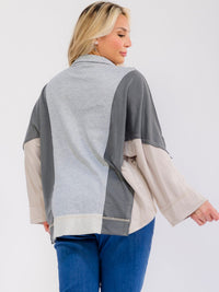 PLUS SIZE LONG SLEEVE V-NECK LOOSE FIT COLORBLOCK TOP