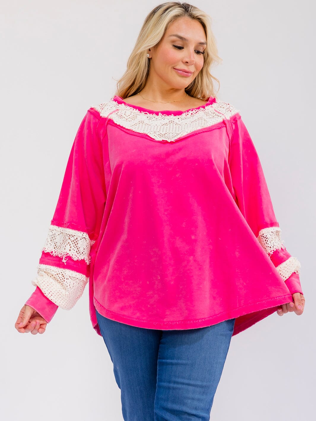 PLUS SIZE LONG SLEEVE CROCHET CONTRAST LOOSE FIT COLORBLOCK TOP