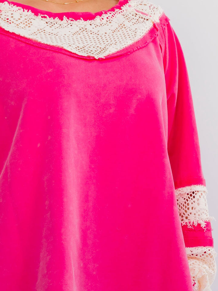 PLUS SIZE LONG SLEEVE CROCHET CONTRAST LOOSE FIT COLORBLOCK TOP