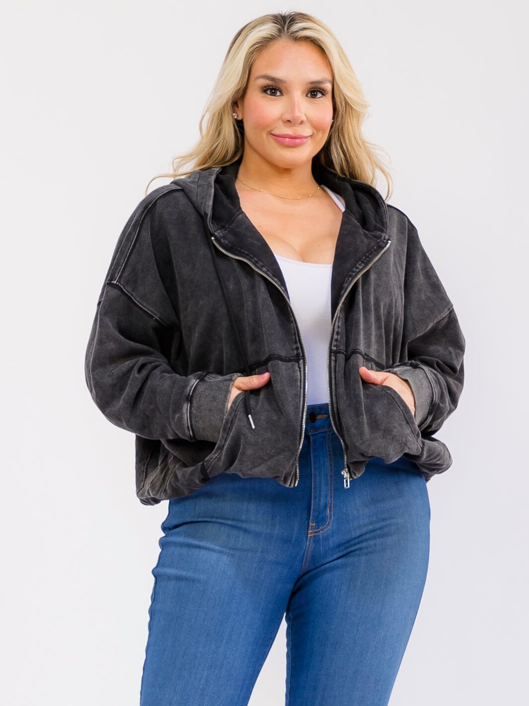 PLUS SIZE LONG SLEEVE ZIP UP FRONT POCKETS HOODED WASHED JACKET