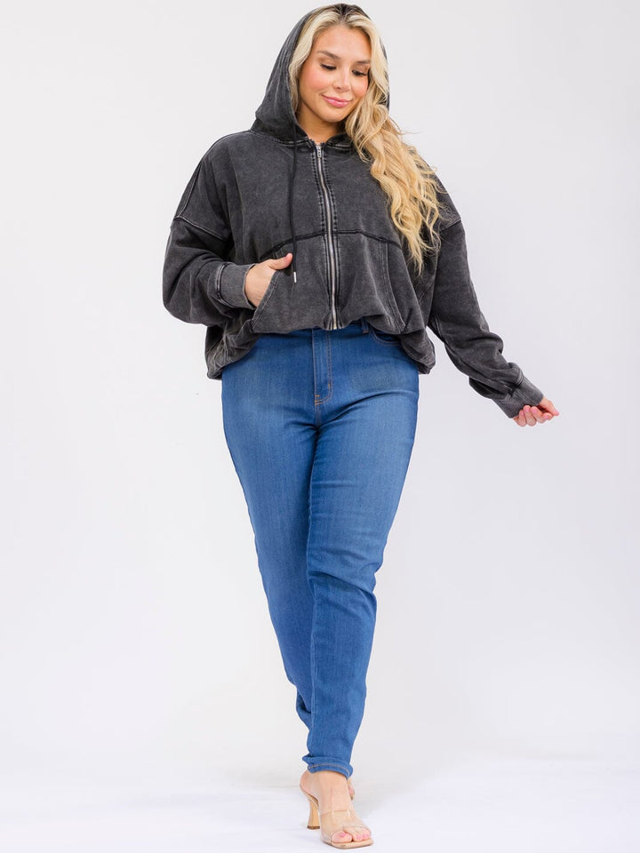 PLUS SIZE LONG SLEEVE ZIP UP FRONT POCKETS HOODED WASHED JACKET
