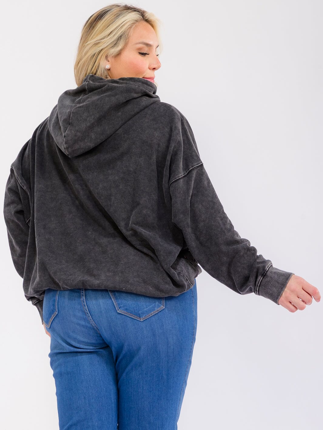 PLUS SIZE LONG SLEEVE ZIP UP FRONT POCKETS HOODED WASHED JACKET