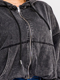 PLUS SIZE LONG SLEEVE ZIP UP FRONT POCKETS HOODED WASHED JACKET