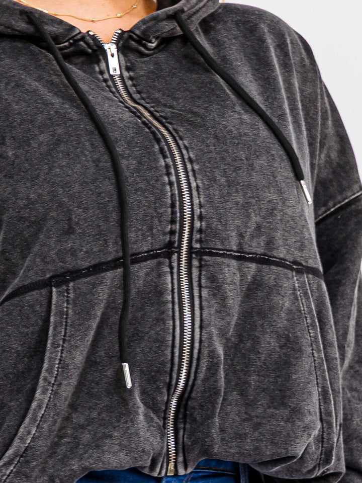 PLUS SIZE LONG SLEEVE ZIP UP FRONT POCKETS HOODED WASHED JACKET