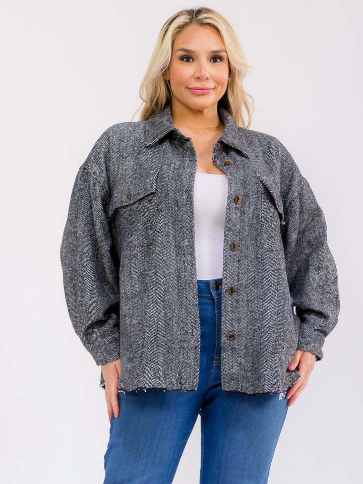 PLUS SIZE LONG SLEEVE BUTTON UP FRONT POCKETS JACKET
